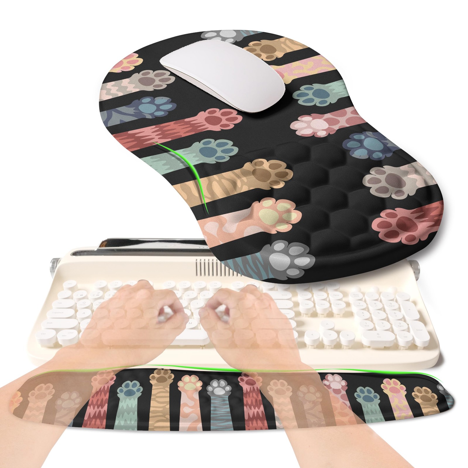 2In1 Ergonomic Wave Rise Keyboard Wrist Rest Mouse Pad Cushion Cat Claws