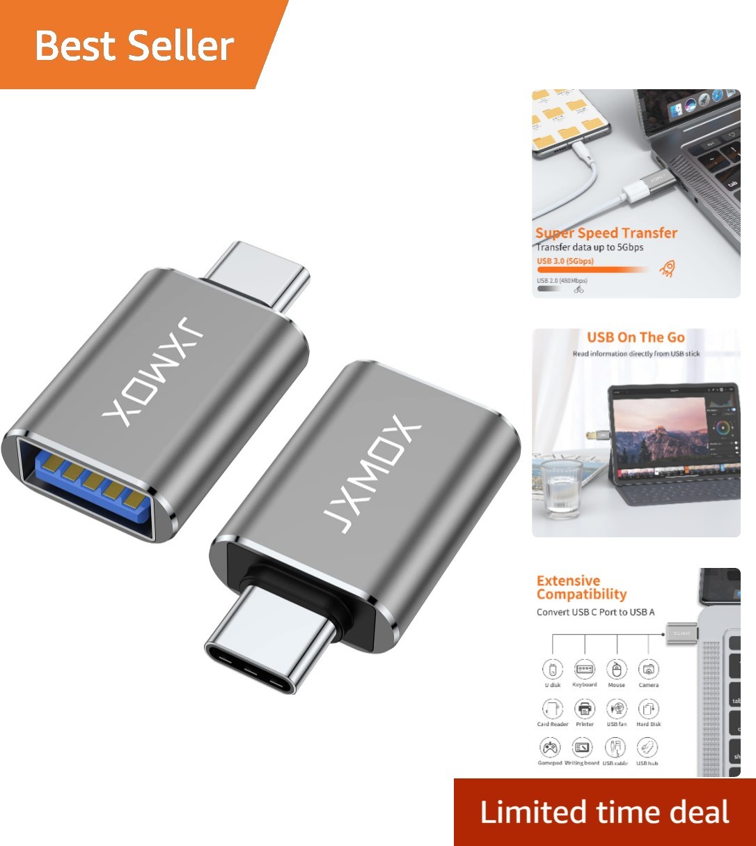 Versatile USB C to USB Adapter 2-Pack - Reversible Design, Fast Charging
