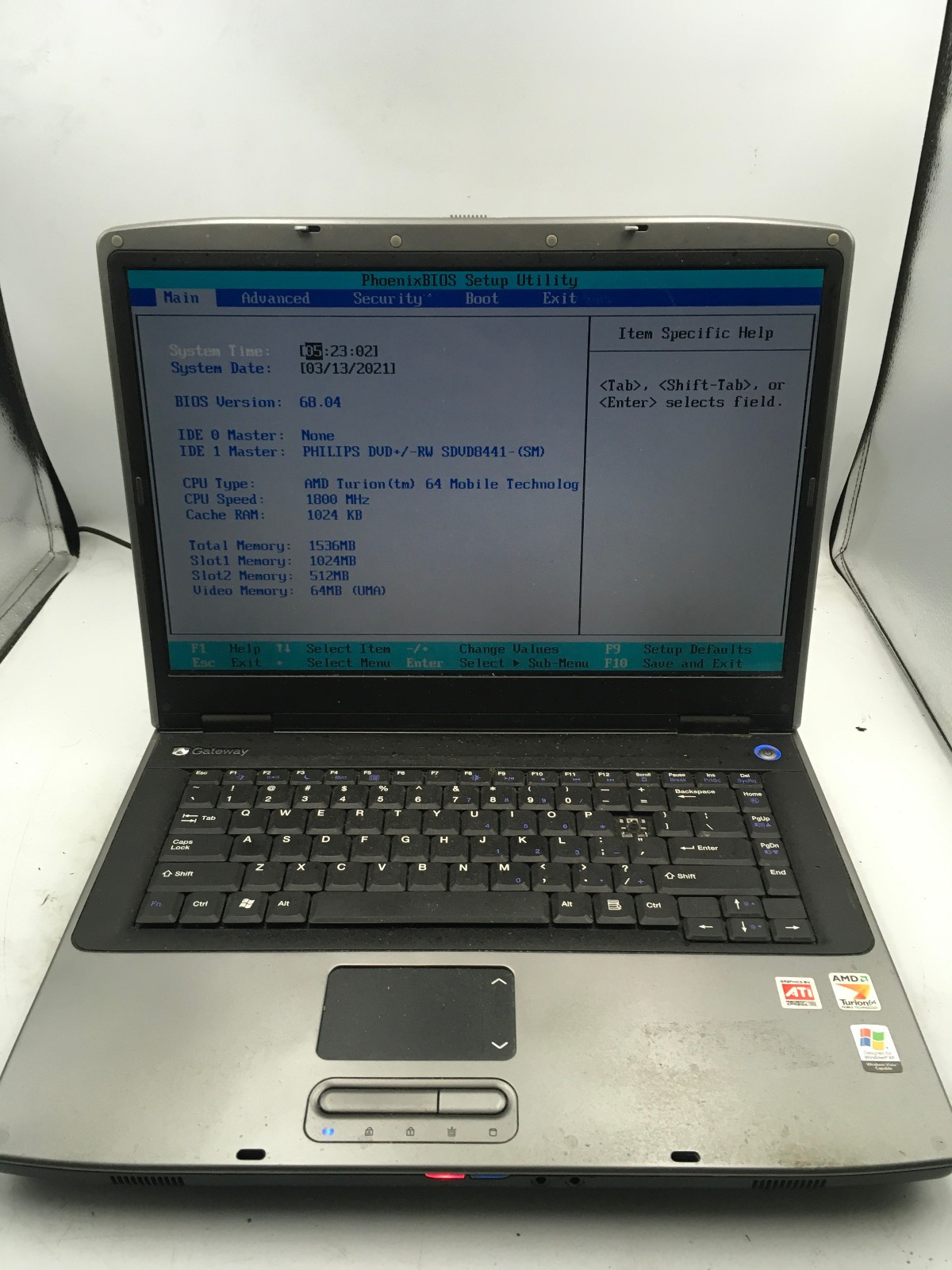 GATEWAY MA3 MX6441 - BOOTS TO BIOS - AMD TURION 64 - 1.5GB RAM - 15" - READ - BB