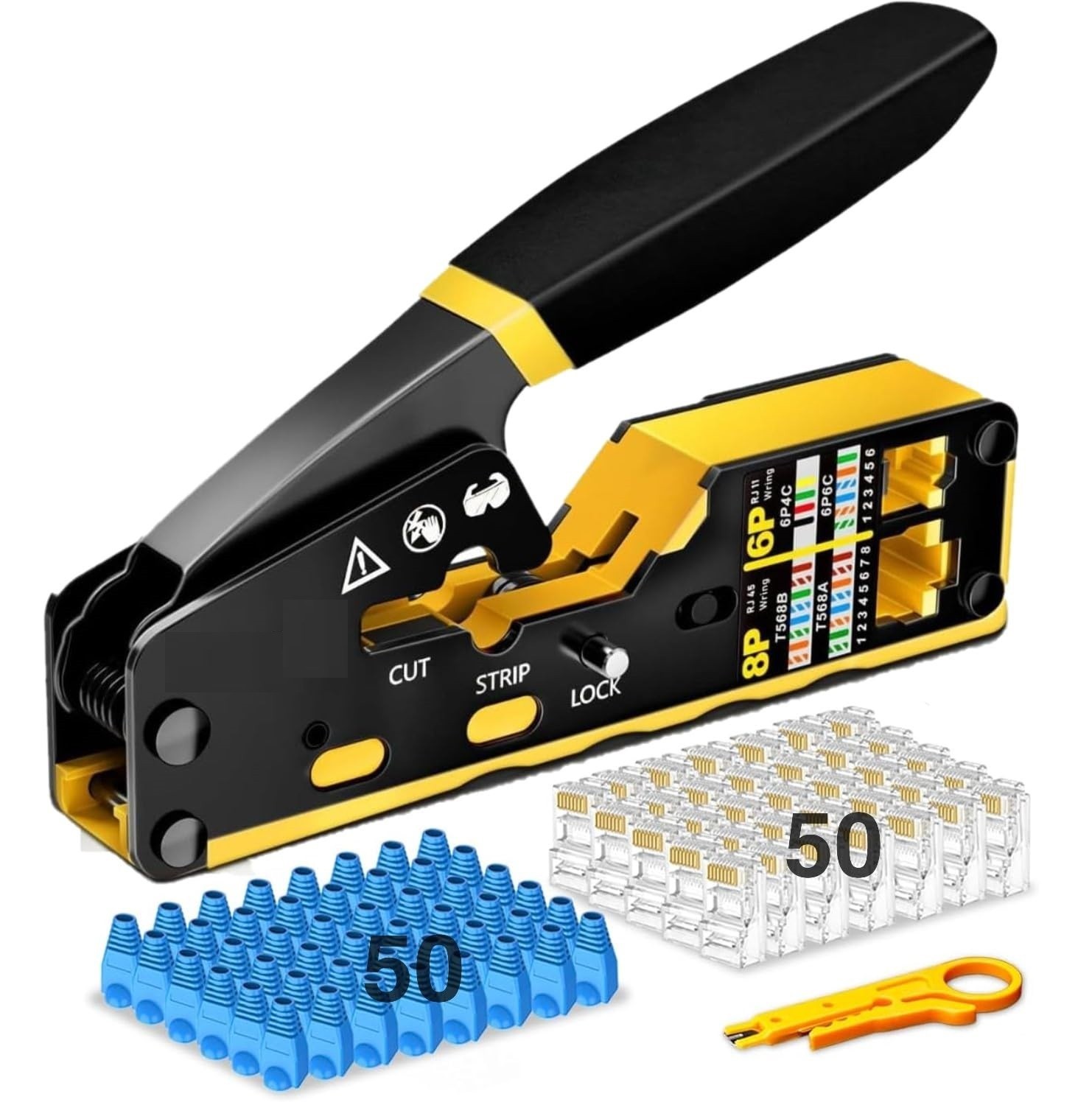 Cat7 RJ45 Crimping Tool Kit Ethernet Crimper with 50Pcs Cat6 Connectors & Boots