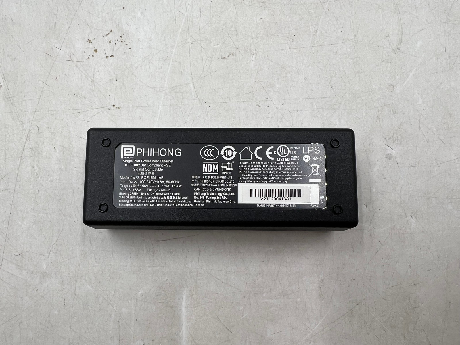 Phihong POE15M-1AF POE Injector 15.4W 56V Power Over Ethernet Gigabit No Adapter