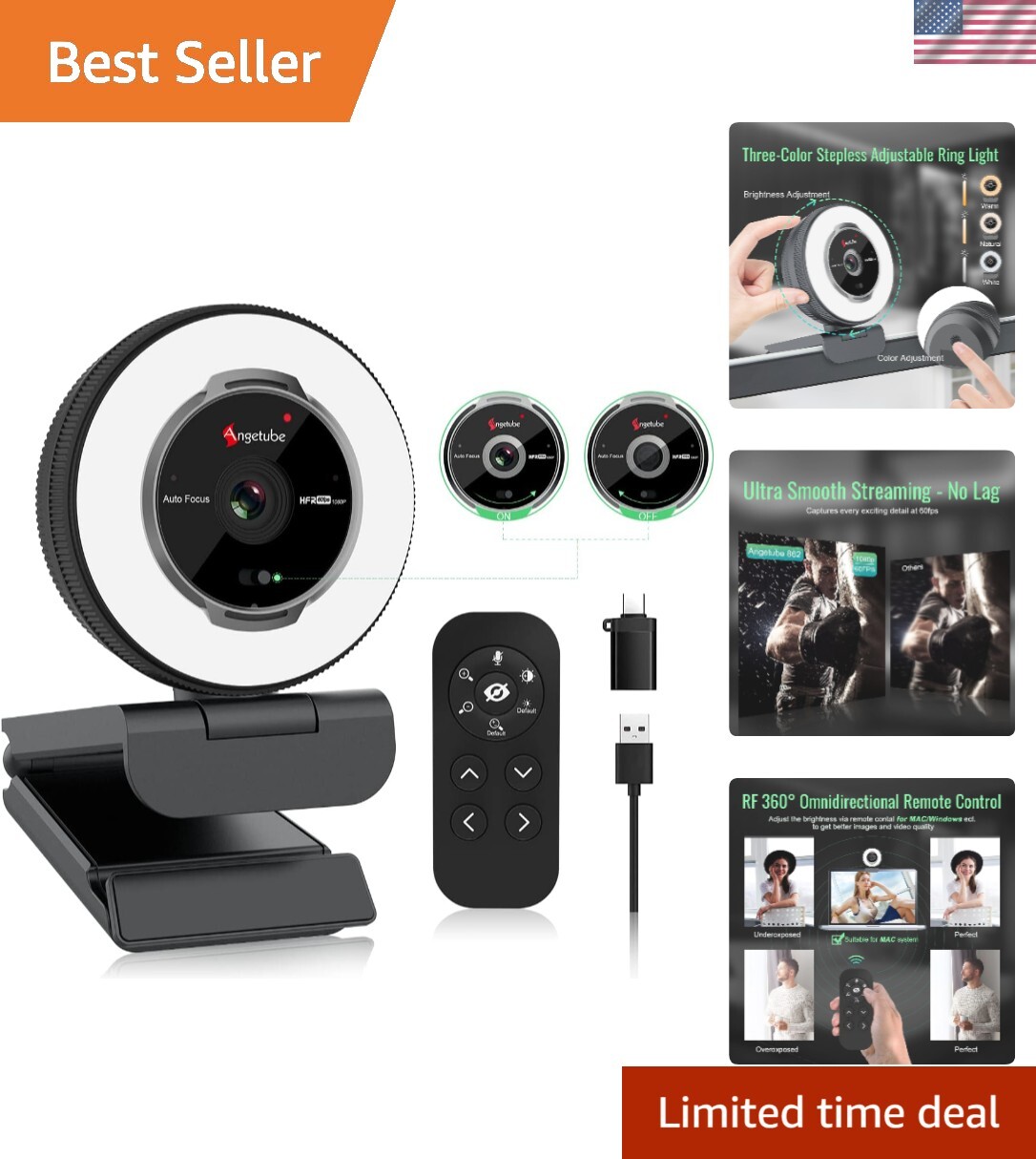 High-Definition Webcam with 5X Digital Zoom & Adjustable Ring Light - USB Ready