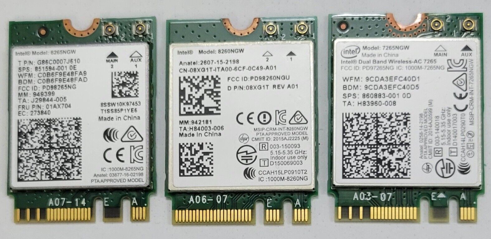 Intel 8265NGW, Intel 8060NGW, Intel 7256NGW Blue Tooth Dual Band WiFi Cards