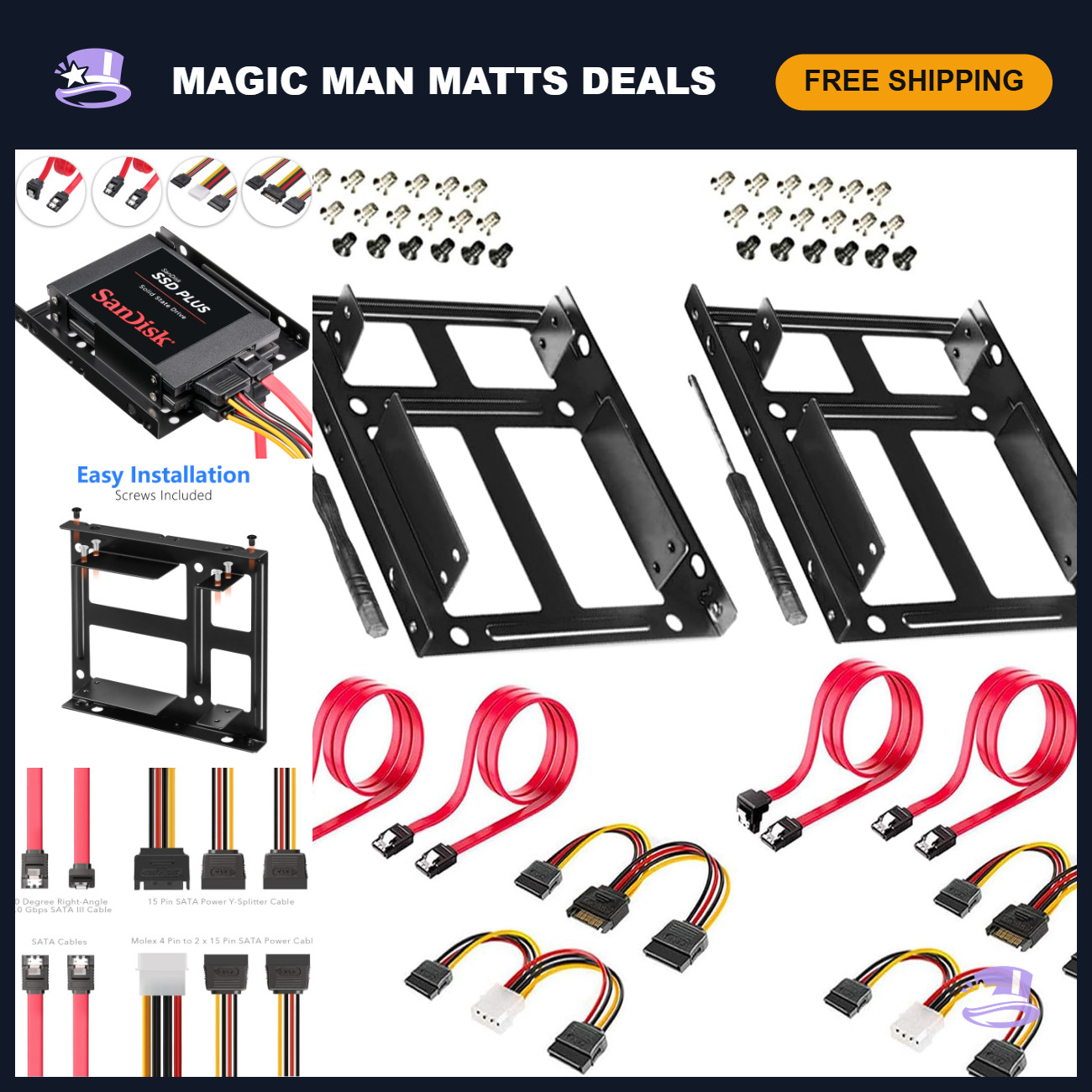 2 Pack SSD/HDD Metal Mounting Bracket Kit - Convert 2.5" to 3.5" Drive Bay