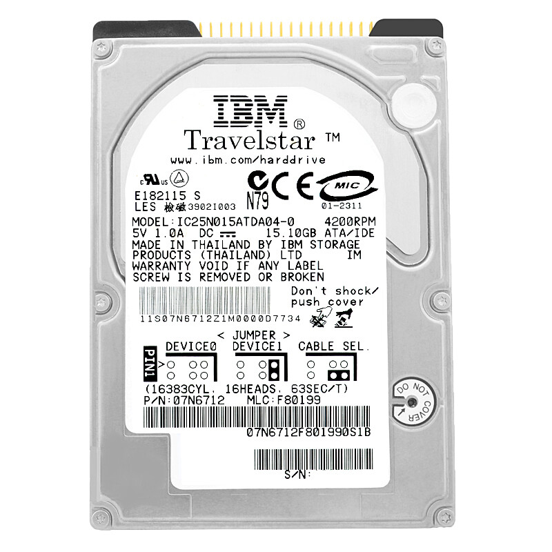 IBM IC25N015ATDA04-0 15GB 4200Rpm IDE/ATA 512Kb 2.5'' inch 07N6712