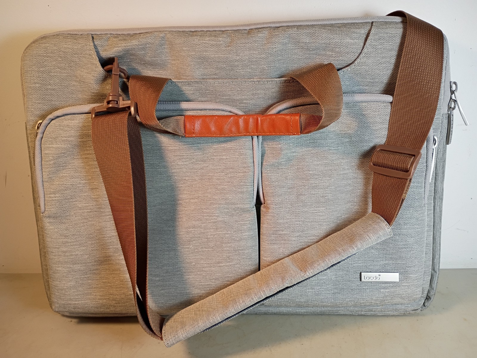 Lacdo Laptop Case Computer Bag Light Gray Brown Trim - Pristine Cond.  