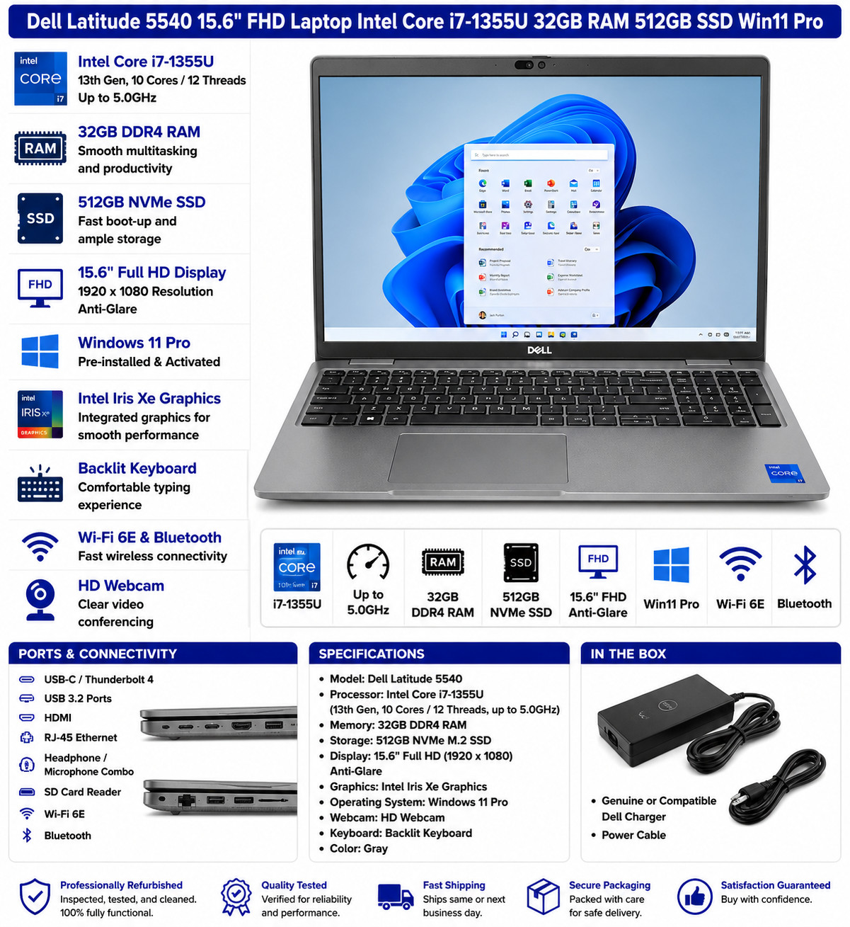 Dell Latitude 5540 15.6" FHD Laptop Intel Core i7-1355U 32GB RAM 512GB SSD Win11