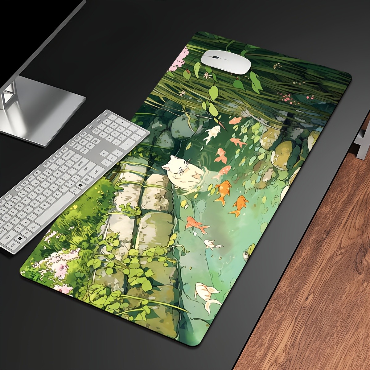 1pc Extra Large Durable Mouse Pad with Cute Cat, Fish, and Scenery Design - Sm