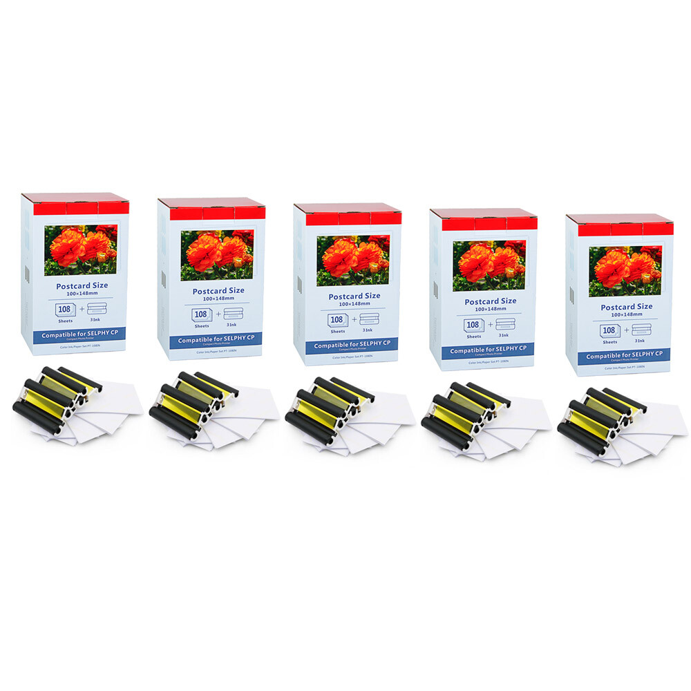 5 PCS Fits Canon Selphy CP1300 KP-108IN 3115B001 Ink Toner 4"X6" Photo Paper Set