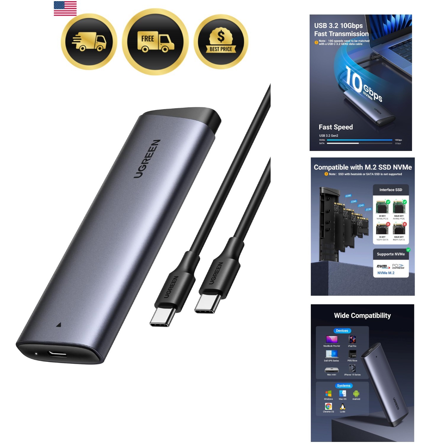M.2 NVMe SSD Enclosure USB 3.2 Gen 2 10Gbps Compact Portable Aluminum