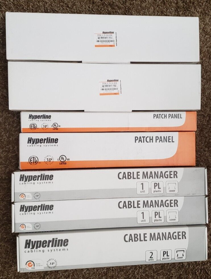 Lot of Hyperline Patch Panels and Cable Managers 1RU 2RU Cat5e  24 pt Cat6 48 pt