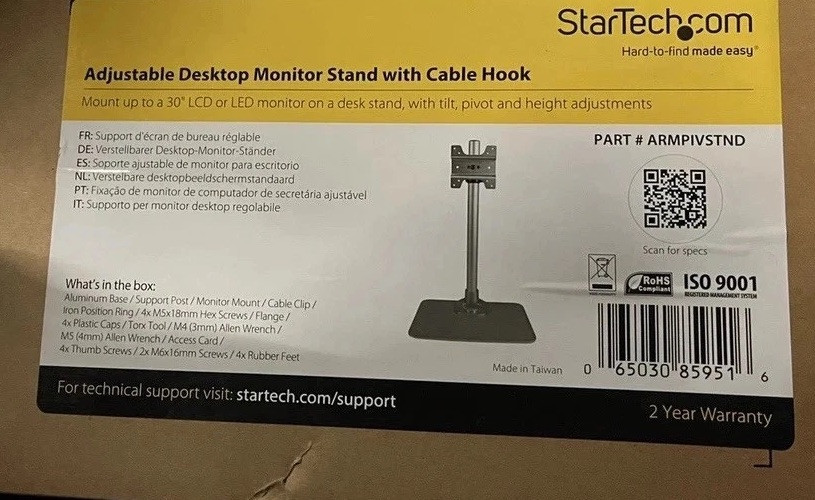 Adjustable Monitor Stand With Cable Hook Made By Startech.