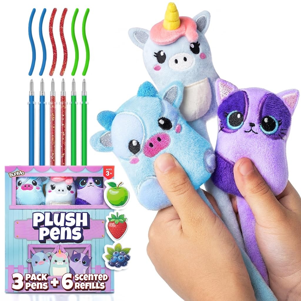 Plush Cute Animal Pens 3 Pack Squishy Scented Glitter Ink Cat Cow Unicorn BUNMO