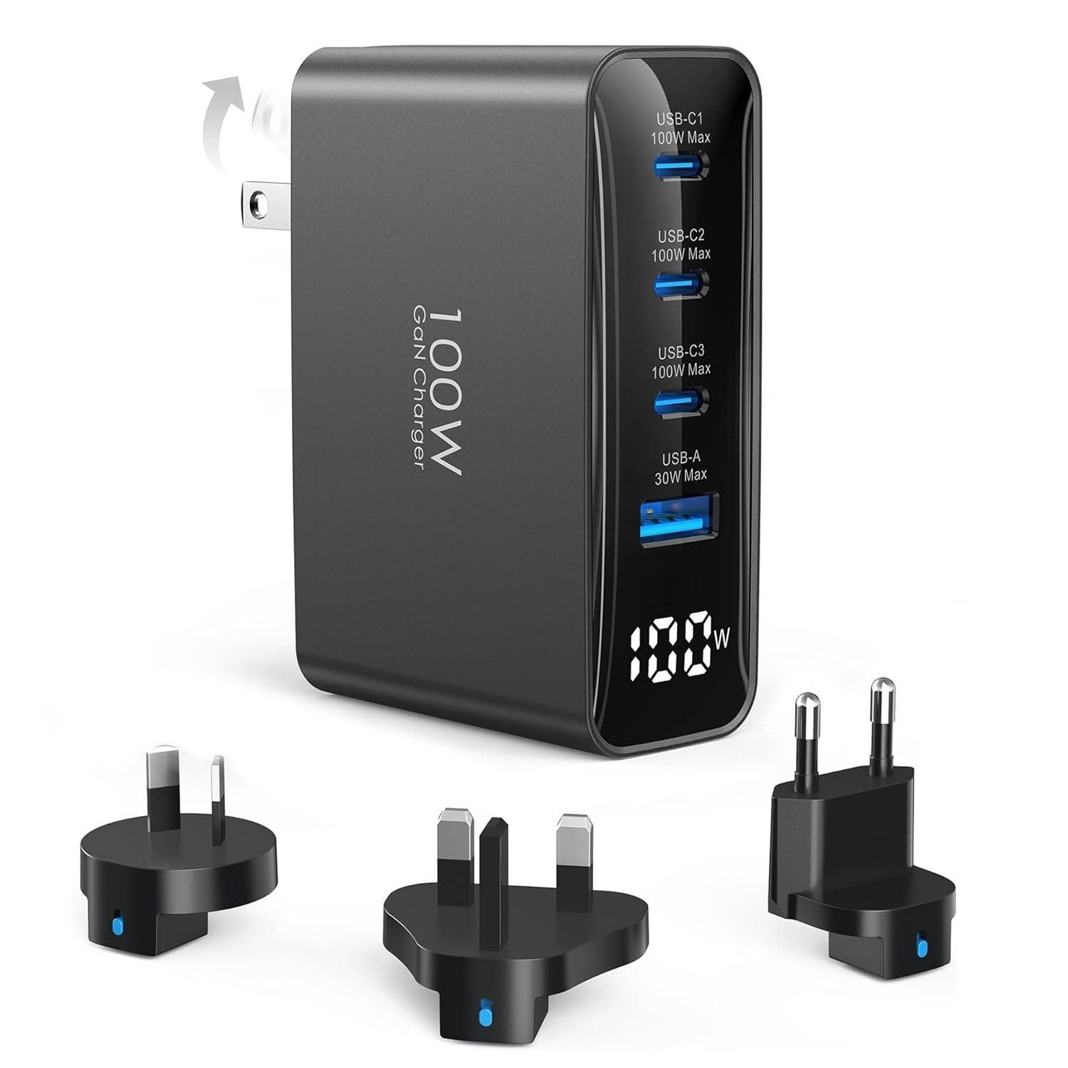 100W USB C Travel Charger, 4-Ports Foldable 100W-3Plug, Black-3Plug