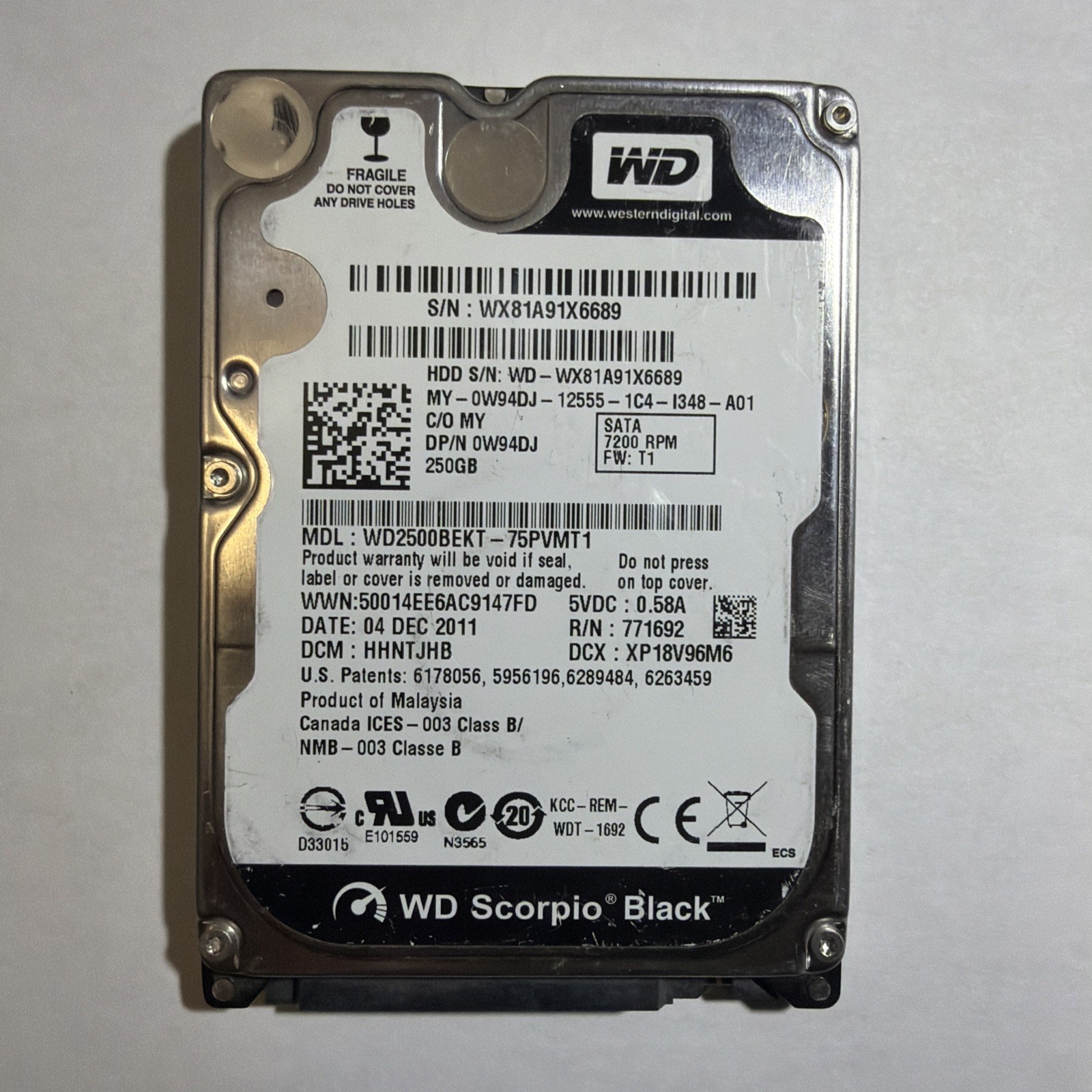 250GB 2.5" HDD WD Black SATA 7200RPM Western Digital WD2500BEKT