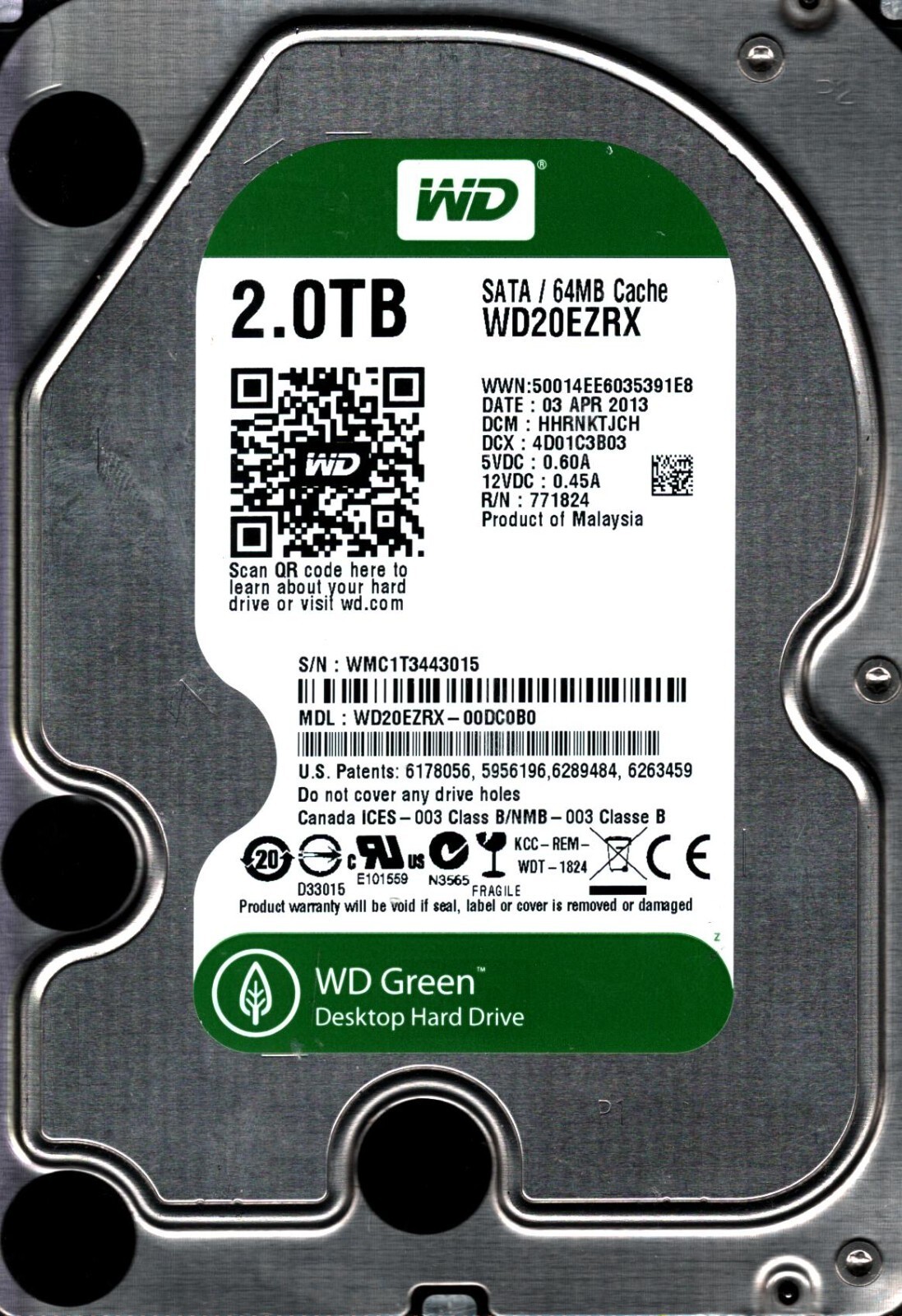 WD20EZRX-00DC0B0 S/N: WMC1T DCM: HHRNKTJCH WESTERN DIGITAL 2TB MALAYSIA APR 2013
