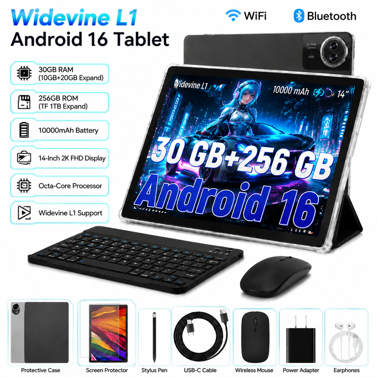 14 inch Dual-Function 2-in-1 Tablet Android 16 30GB RAM 256GB ROM WiFi Gemini AI