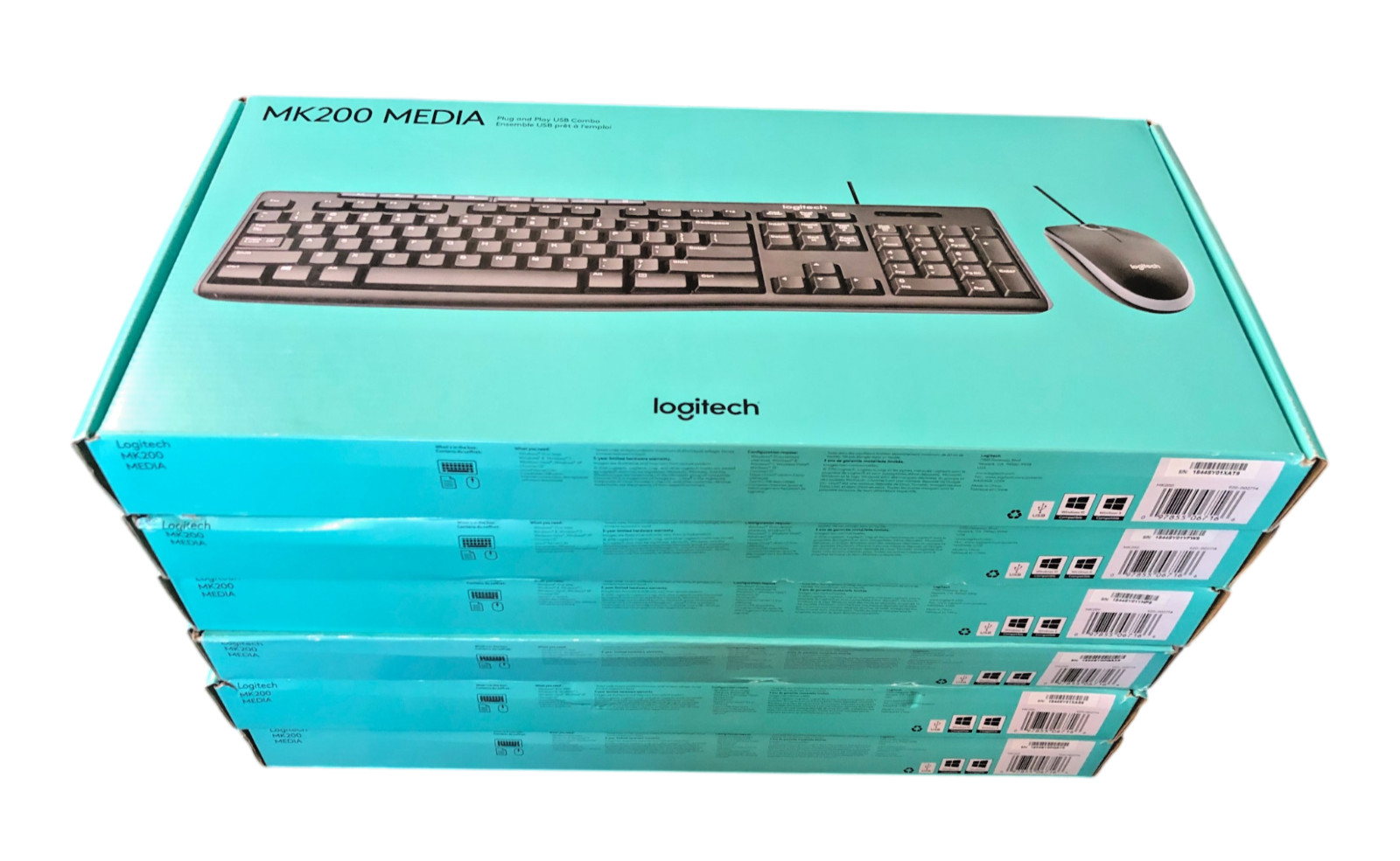 LOT of 6 Logitech MK200 Media Corded Keyboard & Mouse Combo NEW FACTORY SEALED