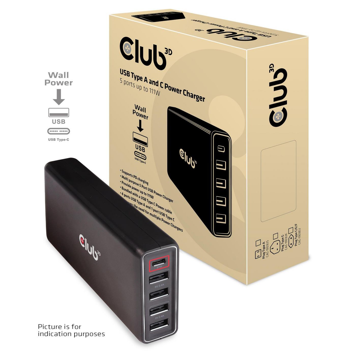 Club3D CAC-1903 USB Type A And C Power Charger, 5 Ports Up To 111W ~E~