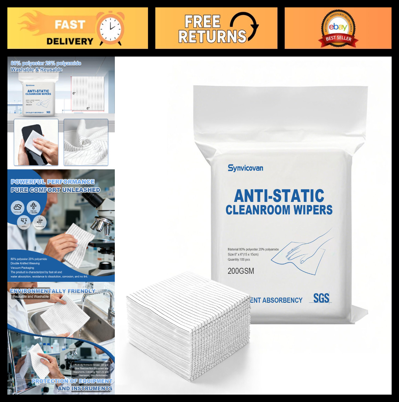 Anti-Static Microfiber Wipes 6"x6" (100 Pcs) Lint Free Reusable ESD Cloths for E