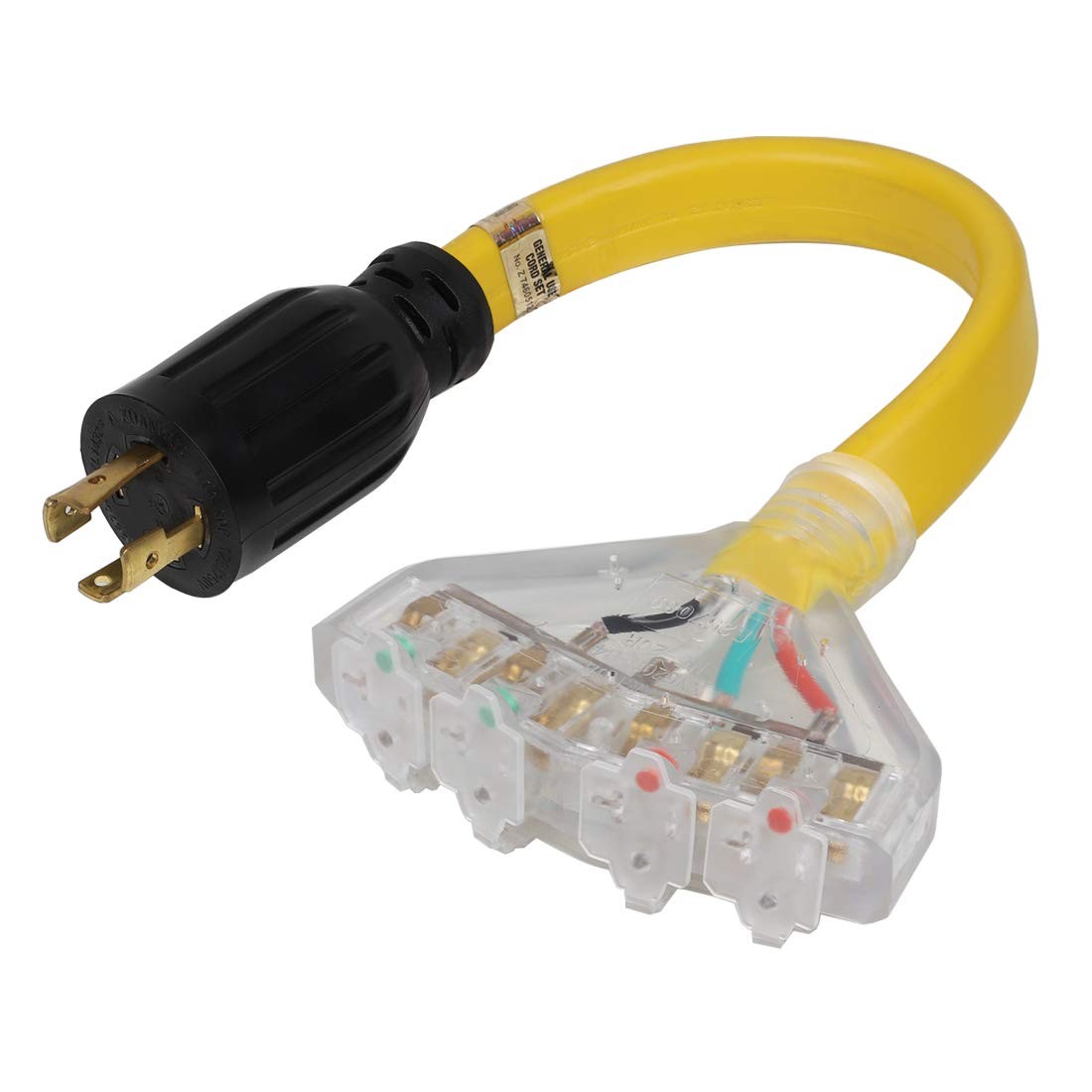 1.5ft L14-30P to 4x Nema 5-20R Adapter Cable 30 Amp 4-Prong Locking Plug