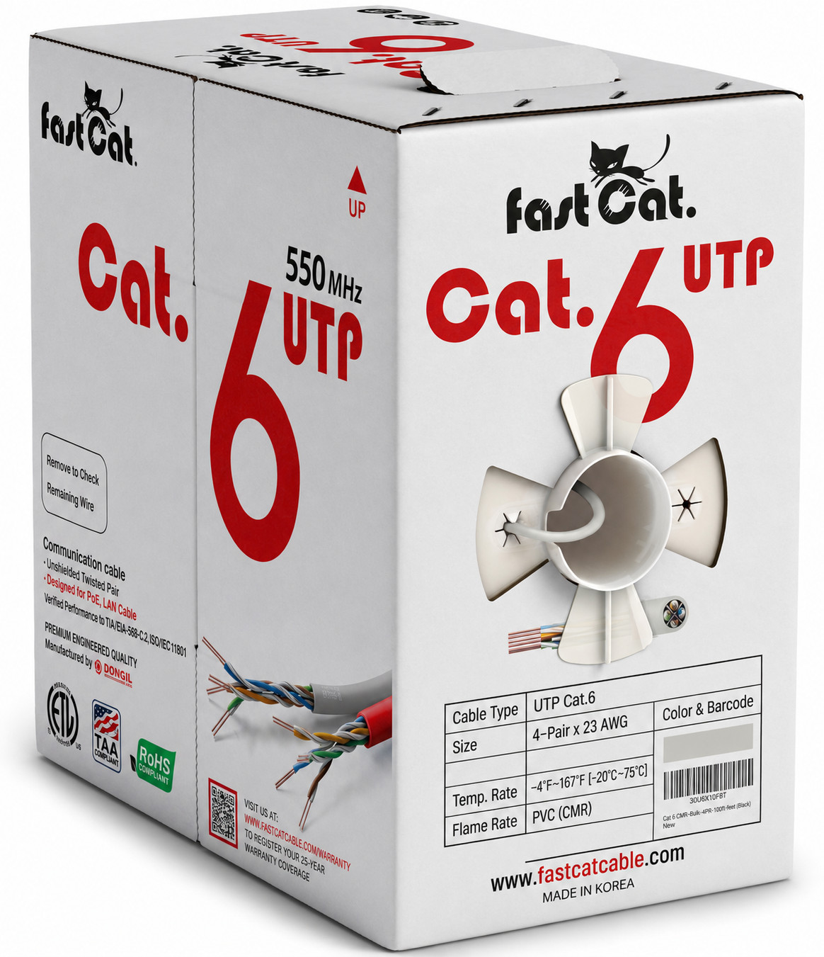 Cat6 Ethernet Cable - 23 AWG, CMR, Solid Bare Copper - 800ft- White