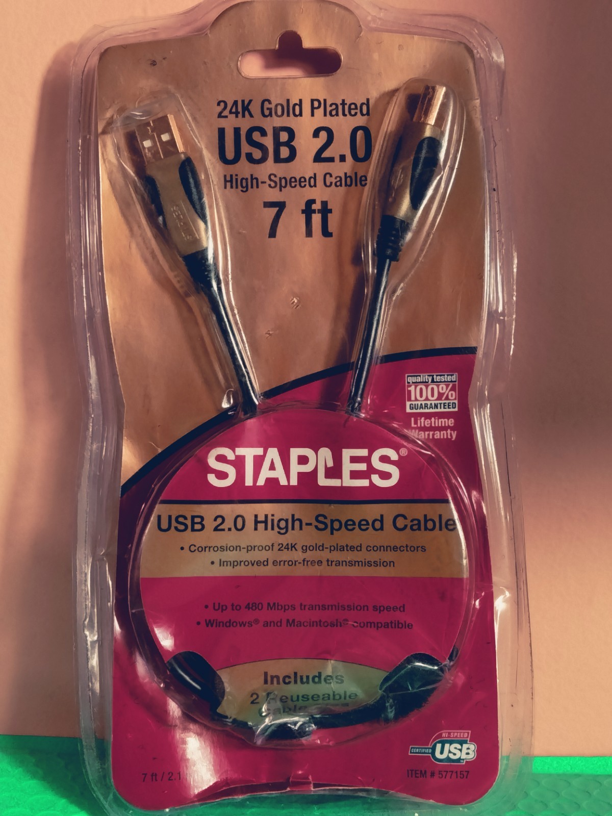 STAPLES 24K Gold Plated 7 ft USB 2.0 High Speed Computer Cable 577157 NEW