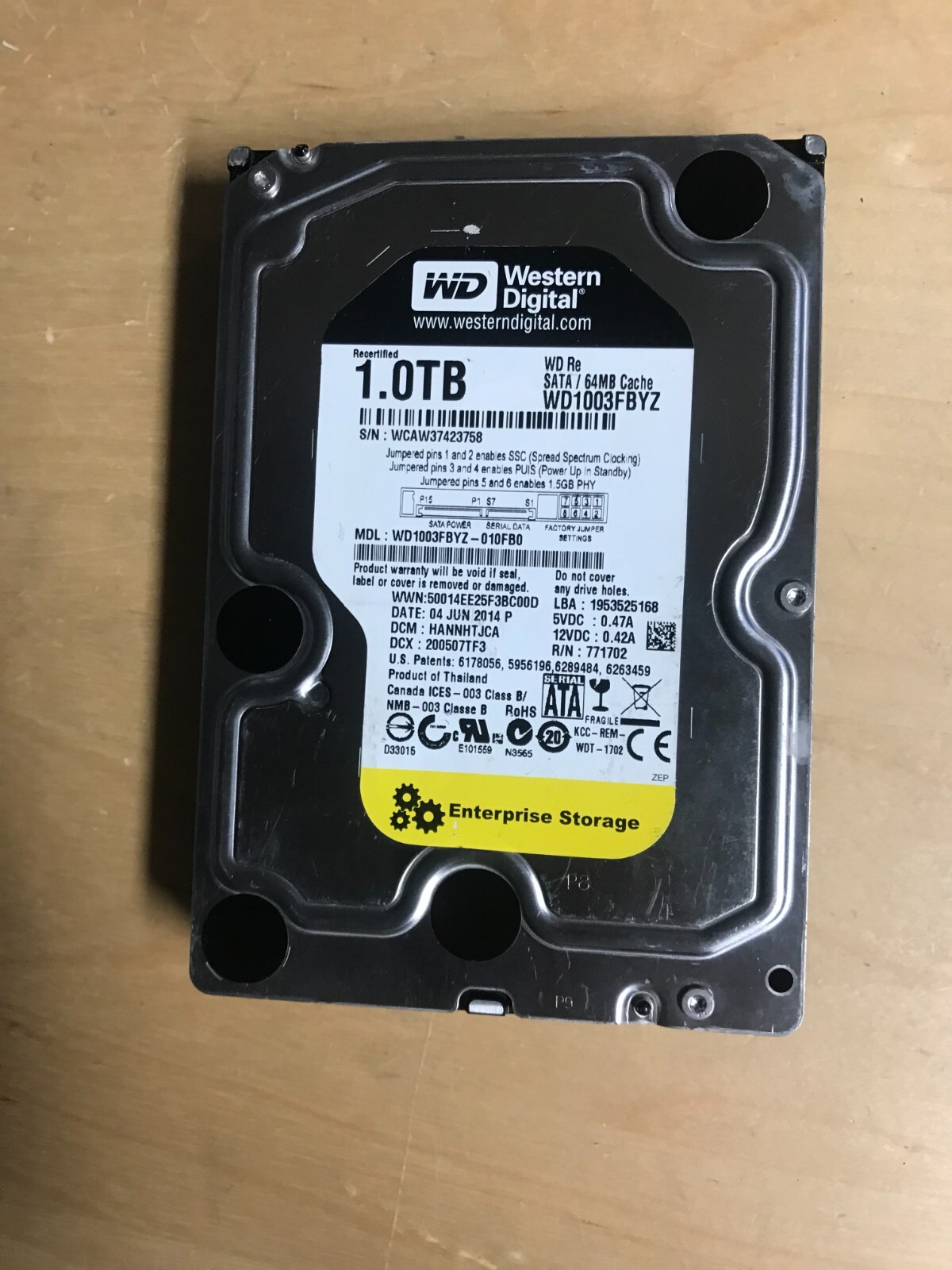 Western Digital  1 TB , WD1003FBYZ, 64MB. 3.5" Tested working 100 %