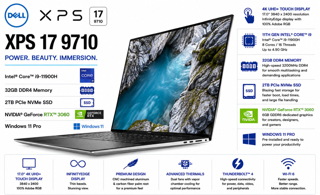 NEW Dell XPS 17 9710 Intel Core i9 32GB 2TB Nvidia RTX3060 4K UHD+ Touchscreen