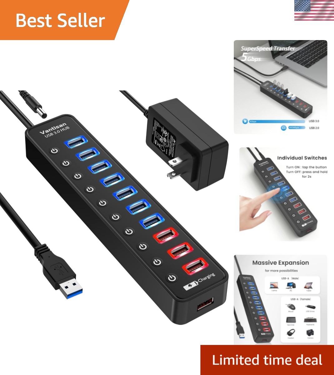 Versatile 11-Port USB 3.0 Hub with Smart Charging & Individual Control Switches