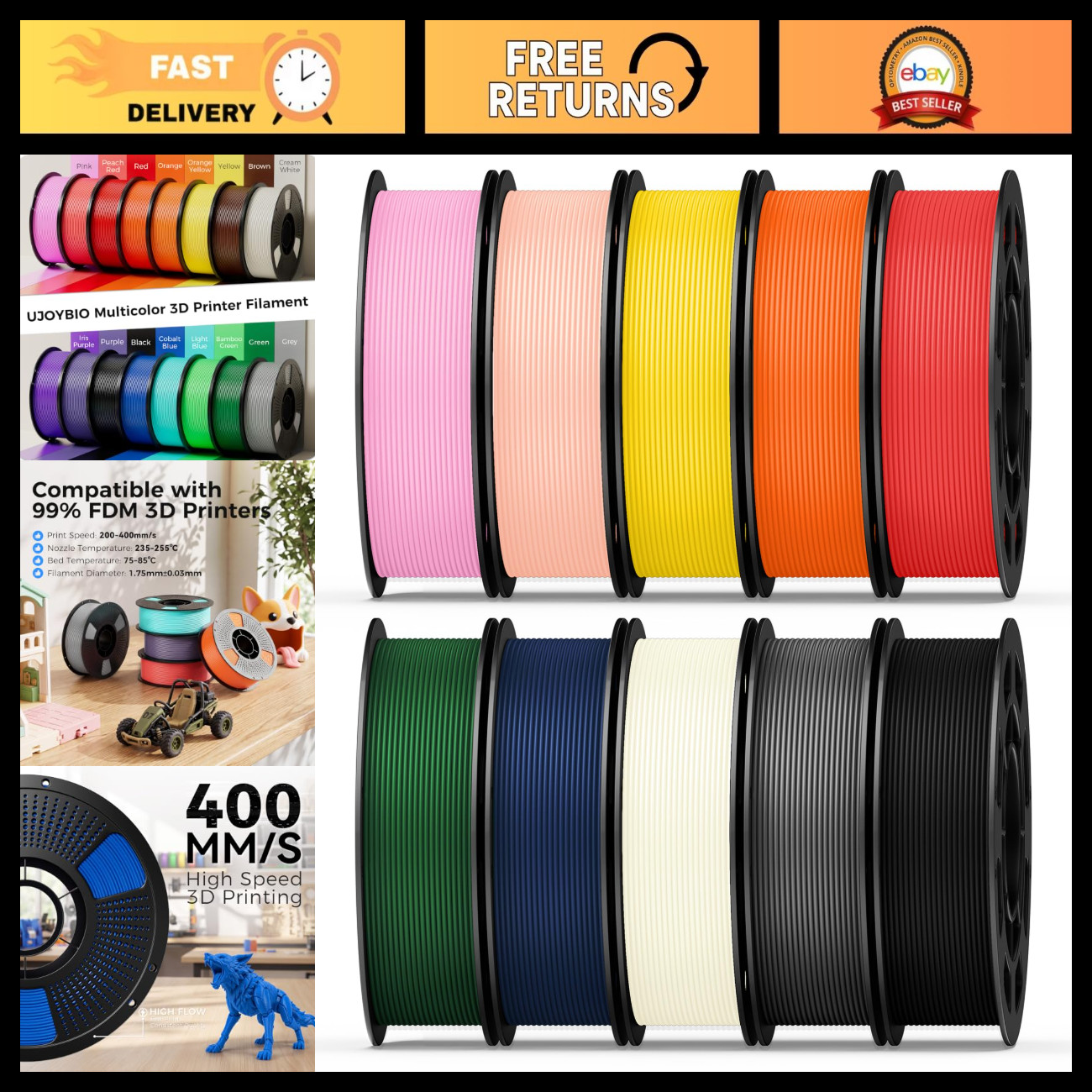 10 Color PETG 3D Printer Filament Bundle, 1.75mm, 2kg Total, Vacuum Packed Spool