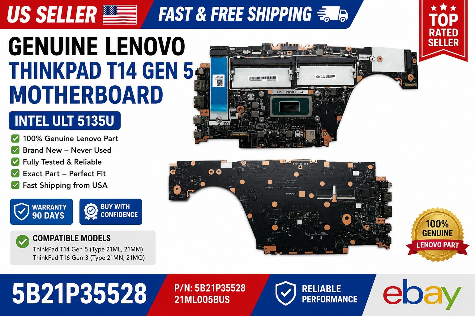5B21P35528 OEM NEW Lenovo Thinkpad Mainboard Intel U5-135U W T14 Gen 5 T16 Gen 3
