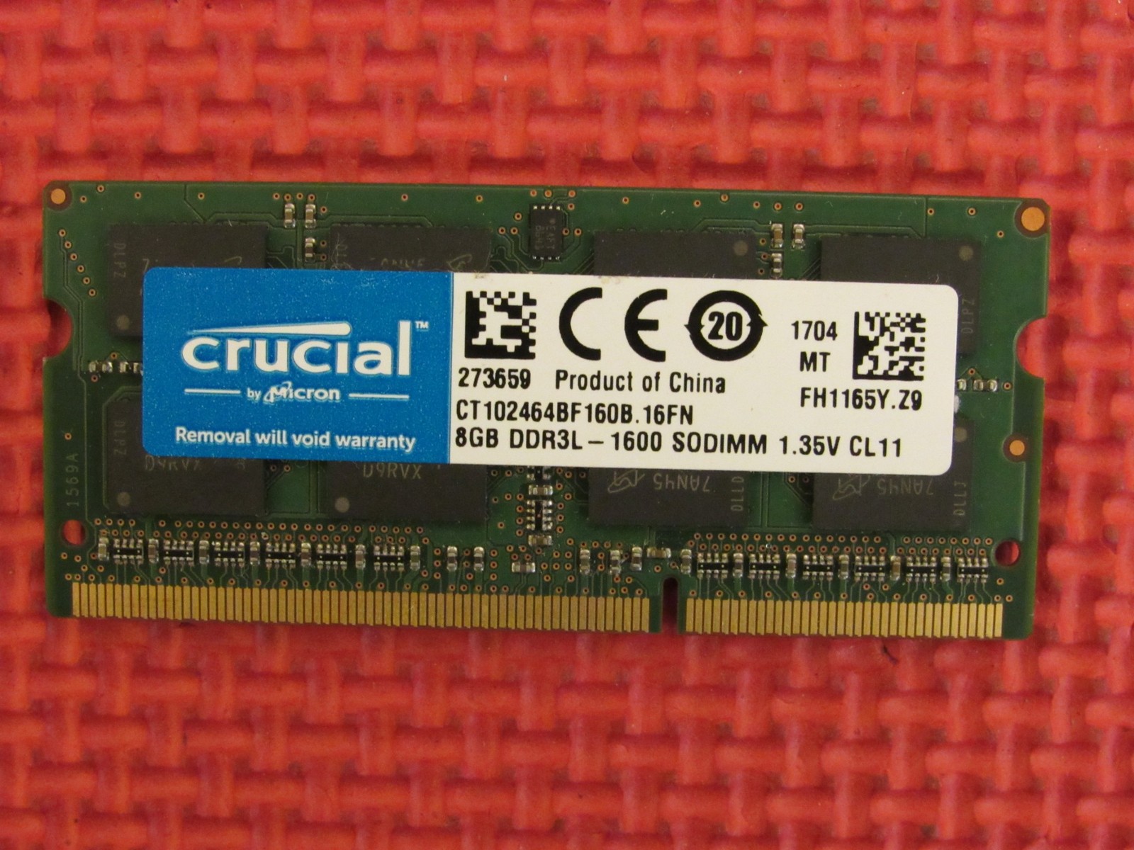 Crucial 8GB (1-Stick) PC3-12800 DDR3 1600 SODIMM Memory CT102464BF160B.16FN