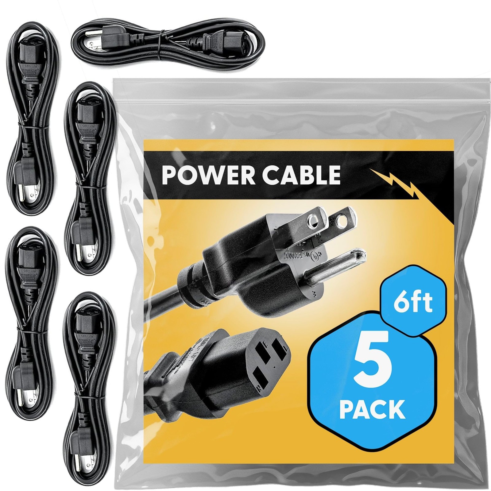 UL Approved 6ft Universal Power Cord (5 Pack) - IEC C13 to NEMA 5-15P Compute...