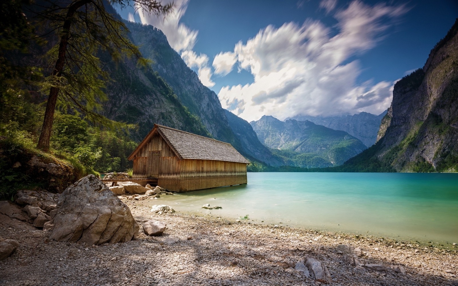 Landscape nature boathouses lake summer mountains alps Custom Gaming Mat Desk