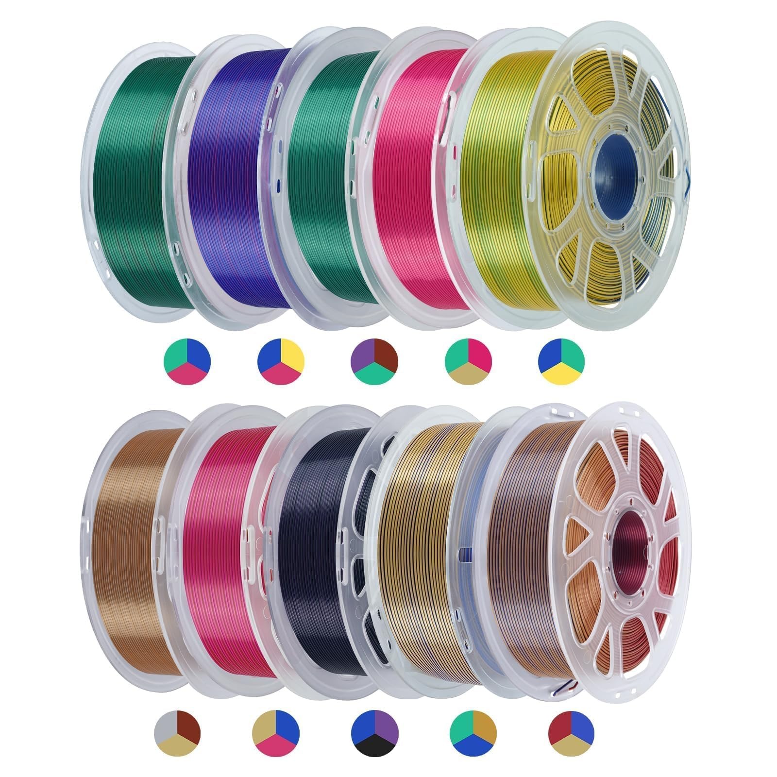 Kingroon Silk Tri Color PLA Filament, 10*1kg-different Tricolors, 10KG