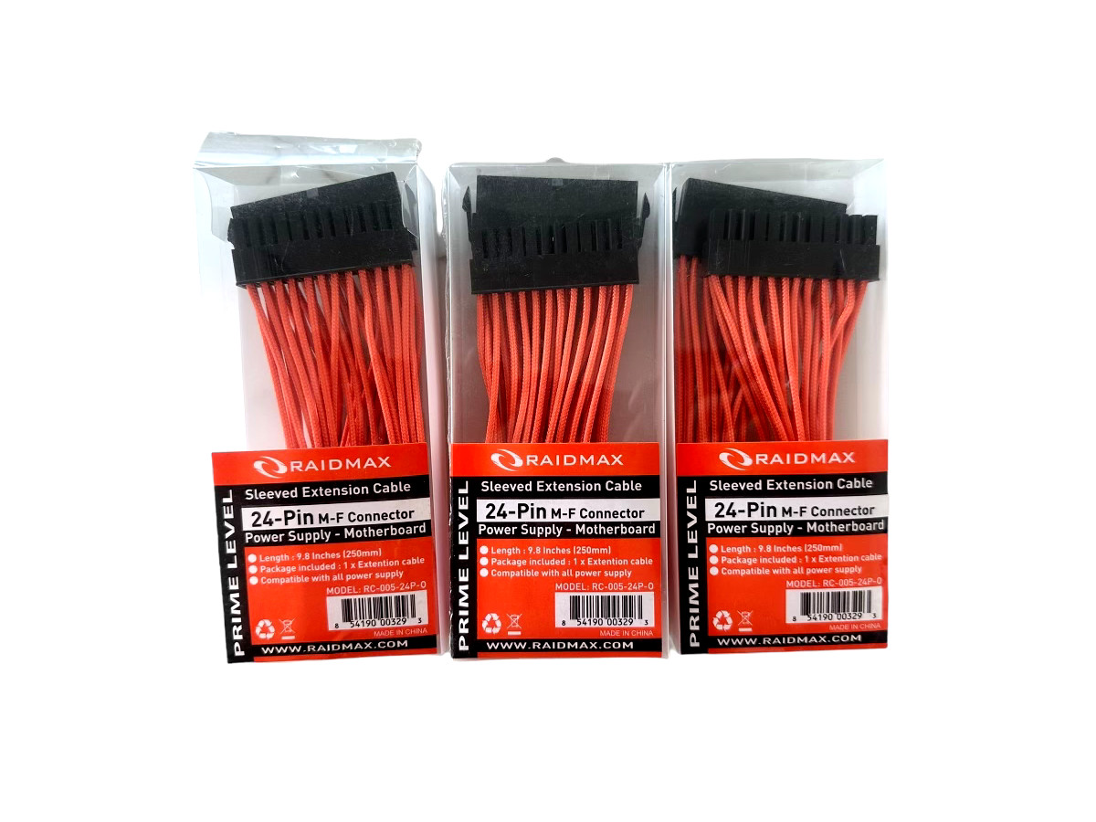 24-Pin M-F Power Supply-Motherboard Sleeved Extension Cable 9.8in *LOT OF 3*