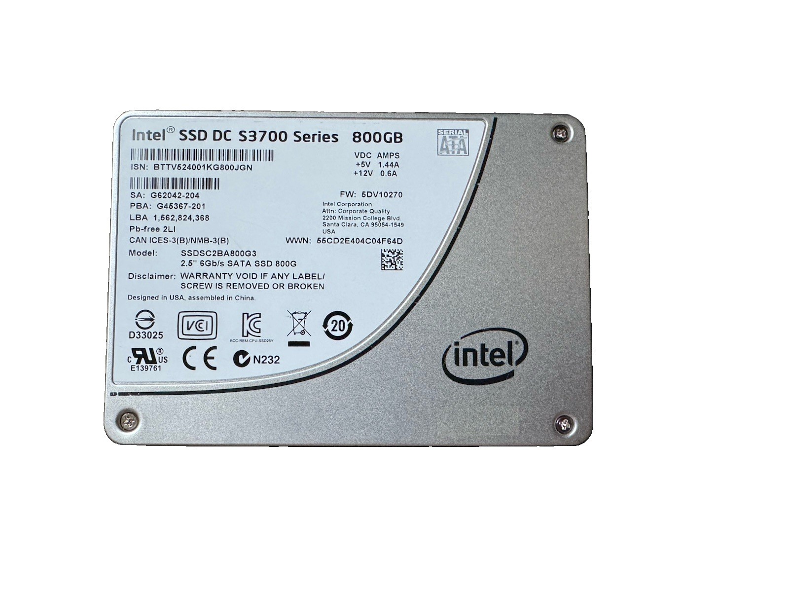 Intel 800GB S3700 Series SSD 6Gbps SATA Enterprise Class SSD DC SSDSC2BA800G3