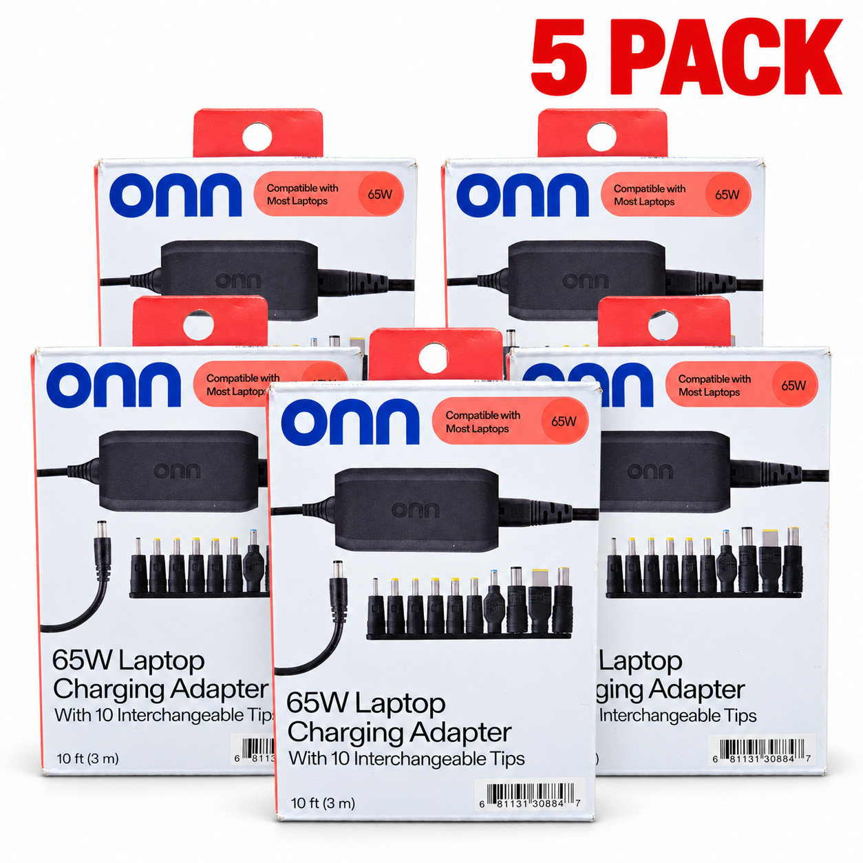 5 Pack Onn Universal 65W Laptop Charger with 10 Interchangeable Tips (100004335)