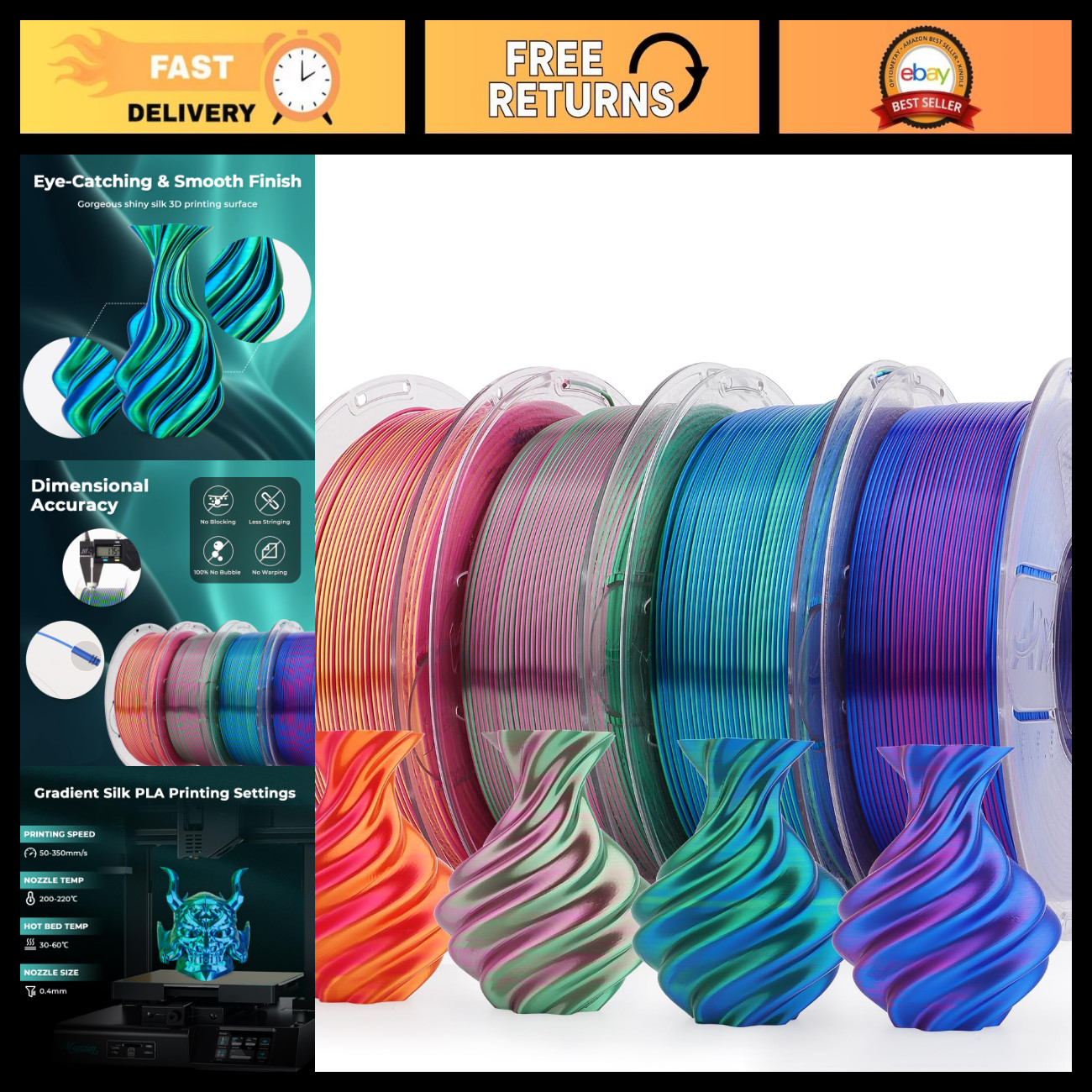 Shiny Dual Color PLA 3D Printer Filament Bundle - 1.75mm Multi-Color Change, 4x1