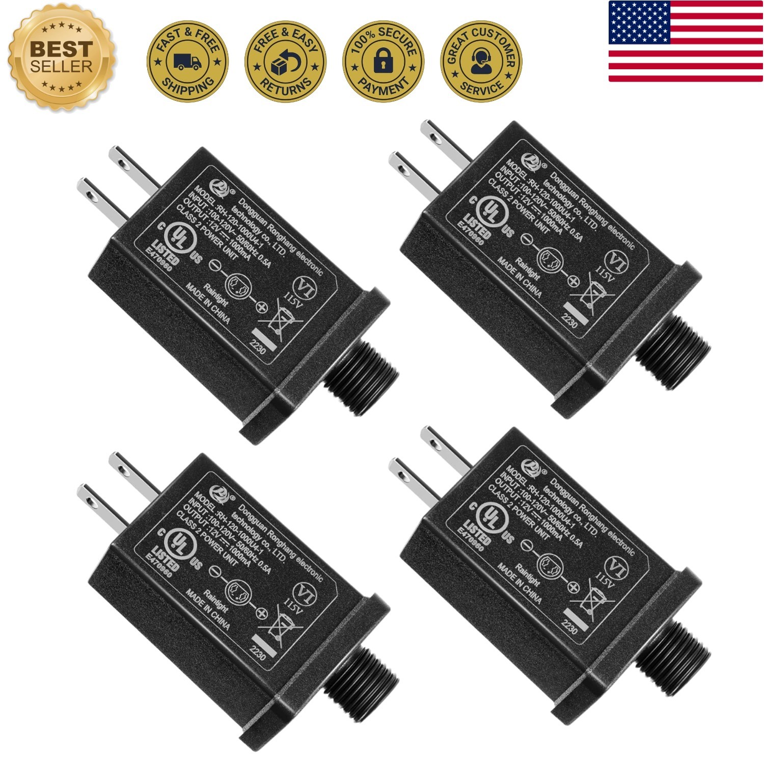 4 Pcs 12V 1A Replacement Yard Inflatable Adapter, Class 2 Power Supply