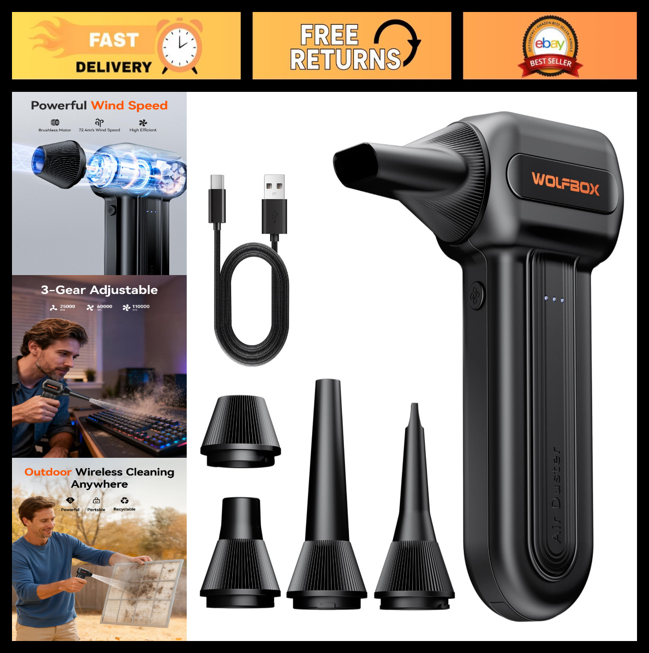 High-Power Cordless Air Duster 110,000 RPM - 3-Speed Rechargeable Blower for PC,