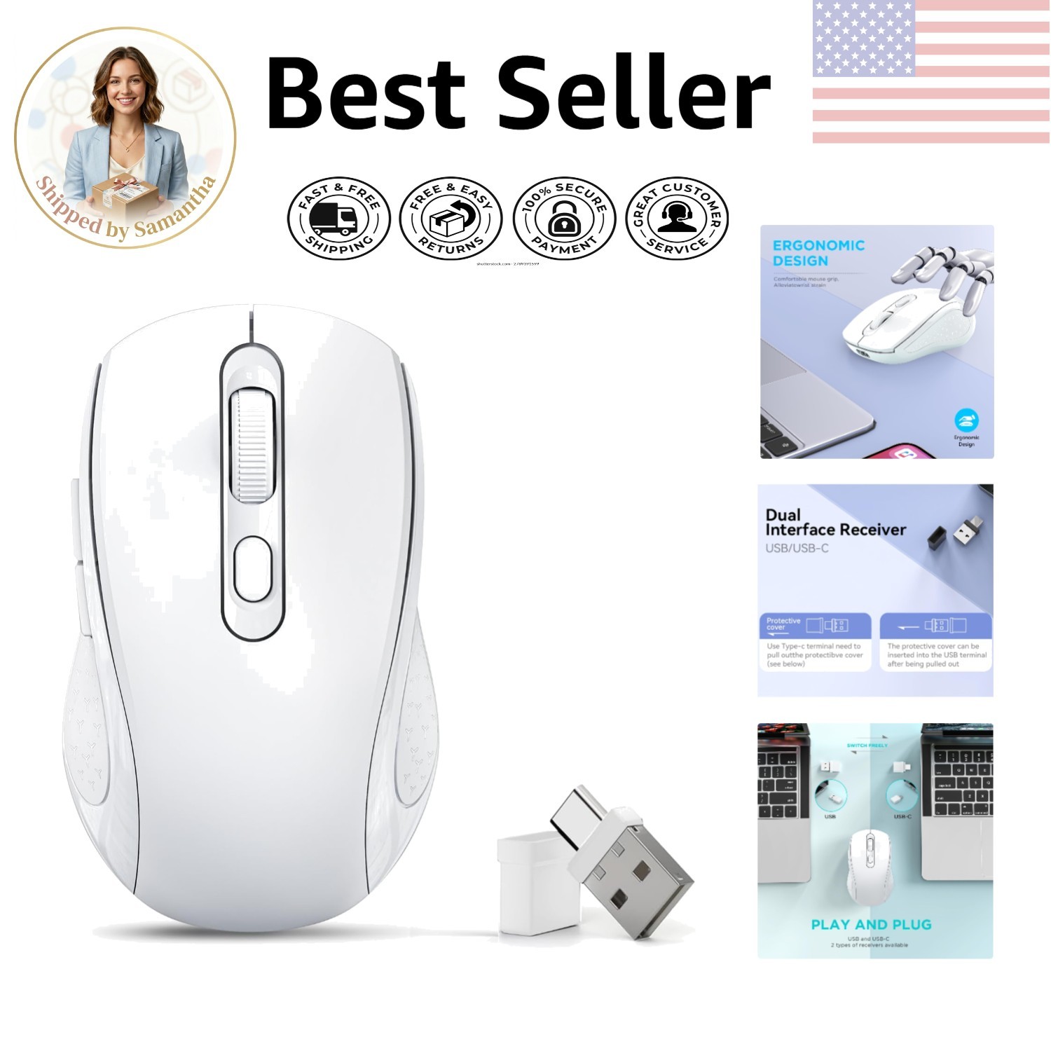 Rechargeable Silent Bluetooth Mouse with Dual USB-C Receiver for Versatile Use