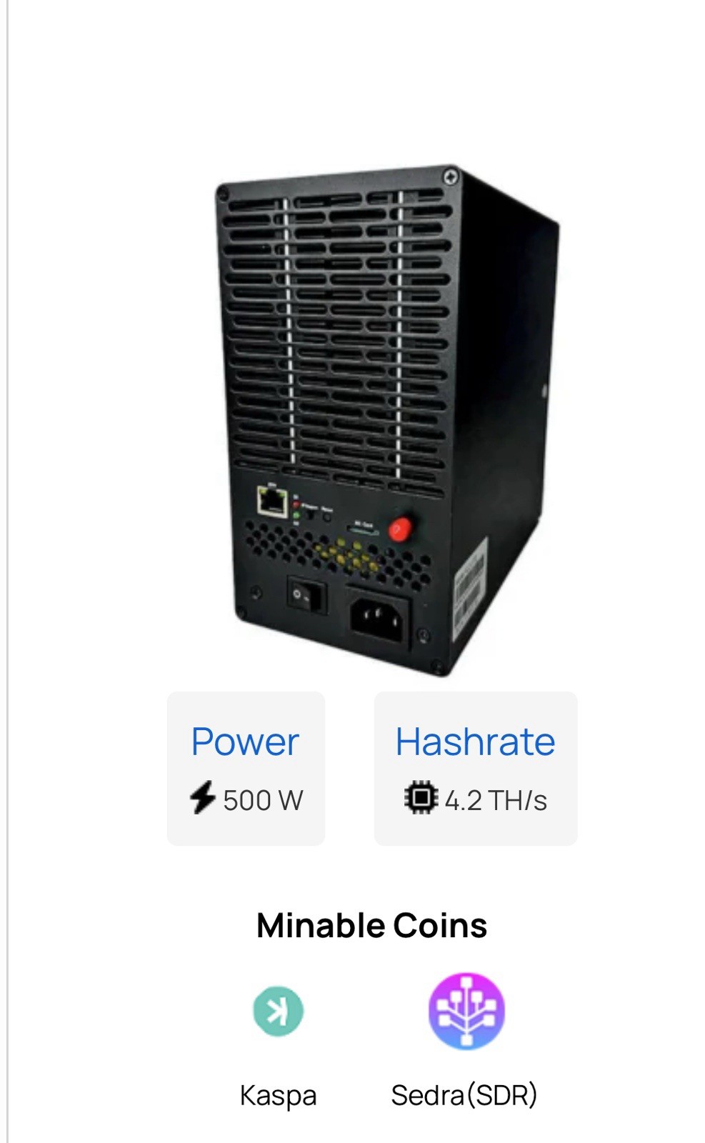 Iceriver KS7 Lite (4.2Th) of KHeavyHash algorithm with hashing power of 4.2Th/s