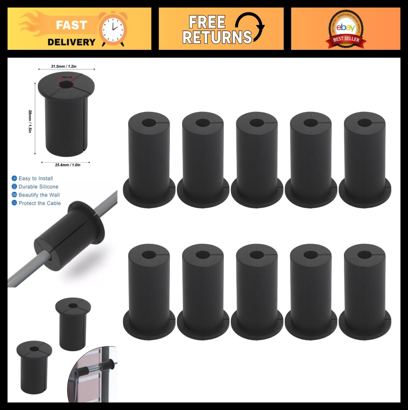 10 PCS Cable Routing Kit - Wall Hole Grommet Silicone Feed Through Bushings, Bla