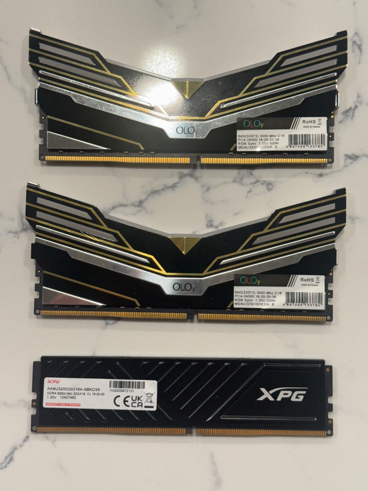LOT OF 3 32GB DDR4 Desktop RAM 96GB 2x32GB OLOy WarHawk RGB + 32GB XPG D35