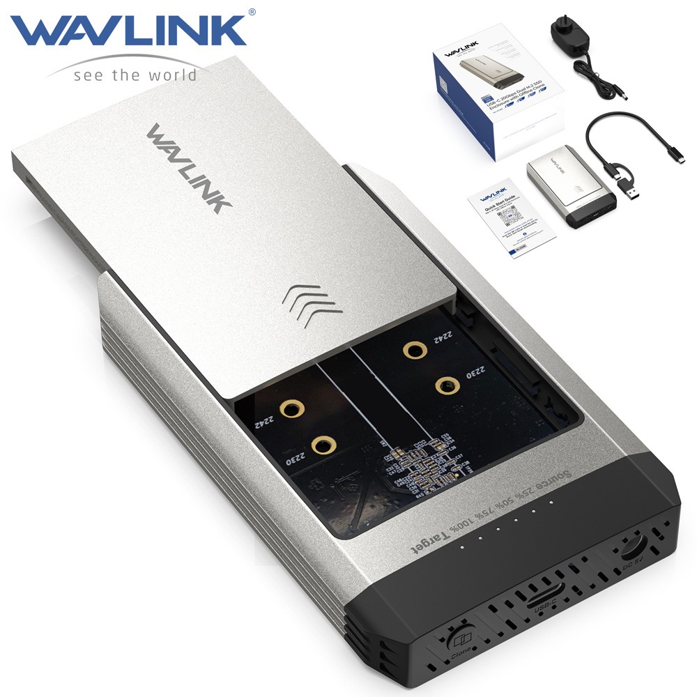 WAVLINK Hard Drives Enclosure 40Gbps USB4 NVMe SATA M.2 SSD Dual‑Bay Duplicator