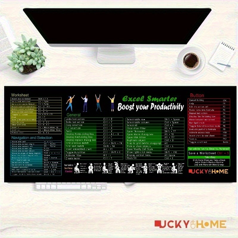 Excel Shortcut Keys XL Large Mouse Pad & Keyboard Mat Compatible for Excel - E