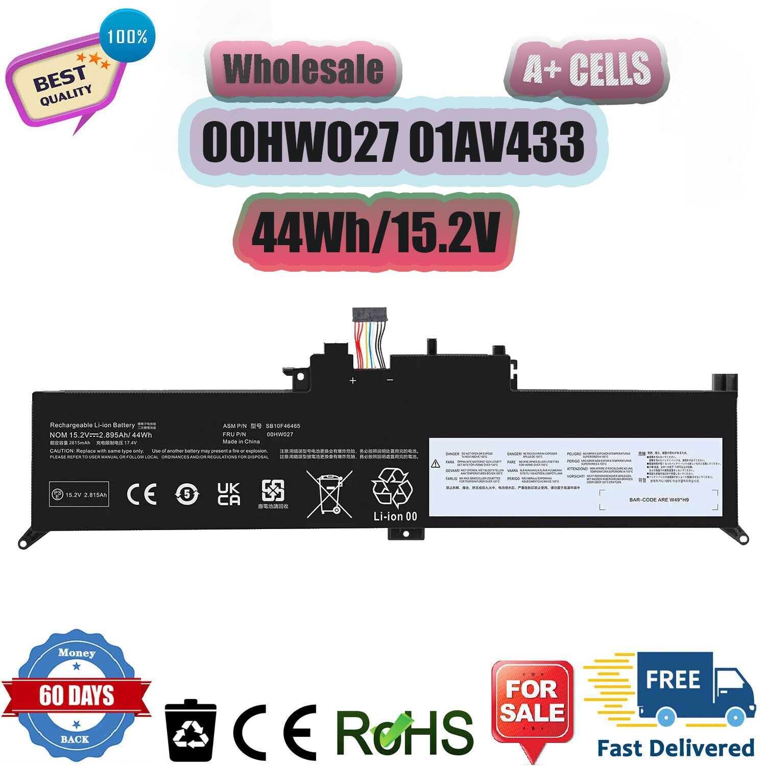 65PCS 00HW027 01AV433 Battery for Lenovo ThinkPad X380 Yoga 260 370 X380 15.2V