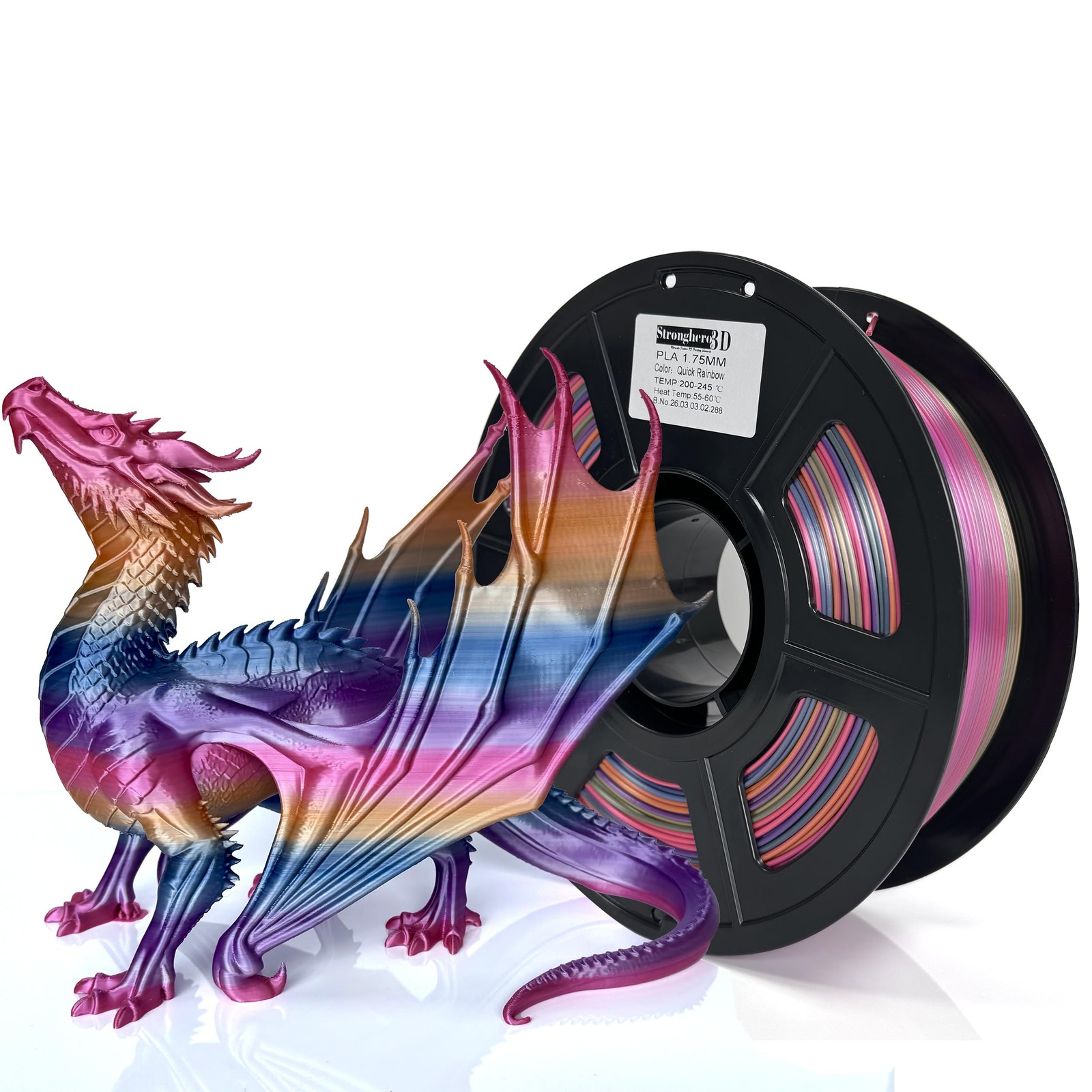 Stronghero3D PLA Filament 1.75mm, Fast Color Change Silk Rainbow,1kg Spool